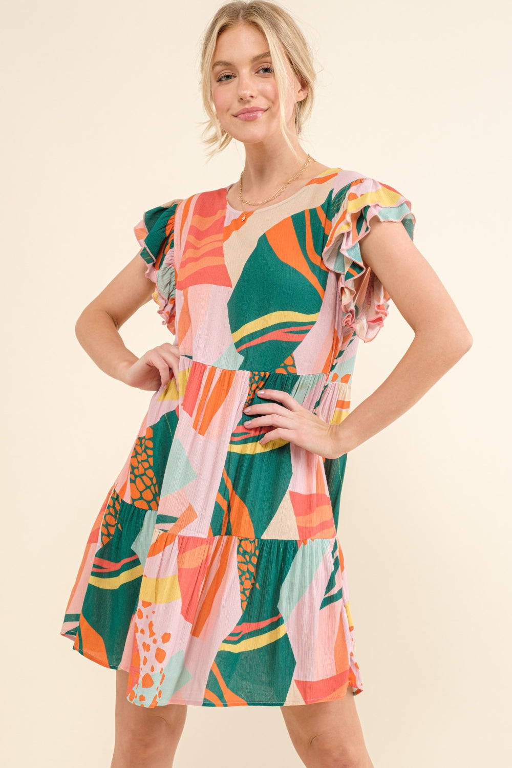 The Printed Double Ruffle Sleeve Dress