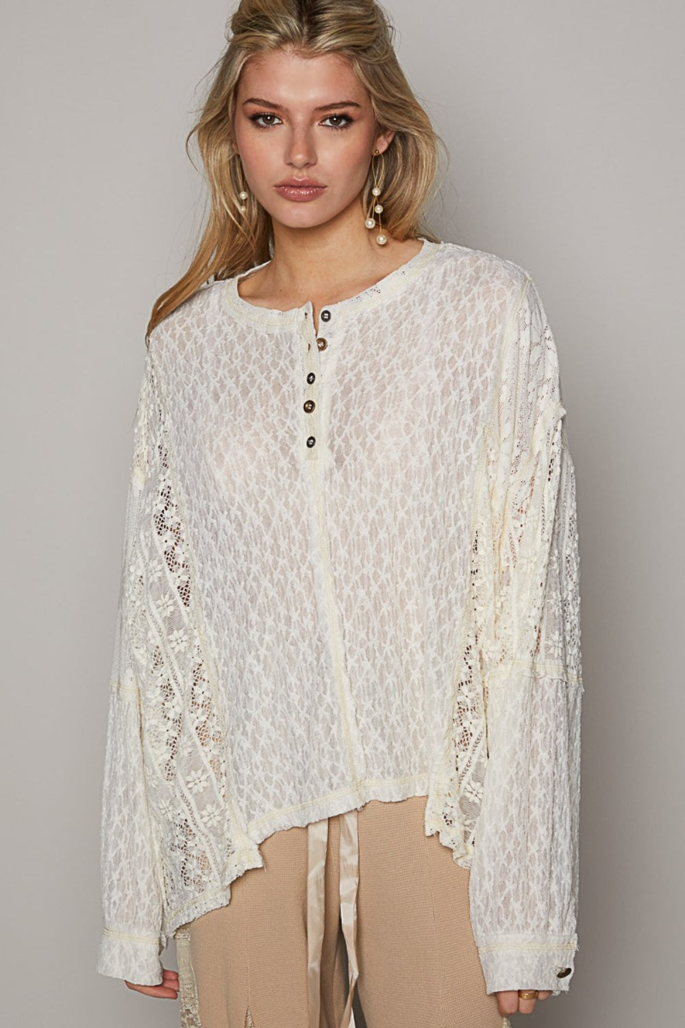 Round Neck Long Sleeve Raw Edge Lace Top