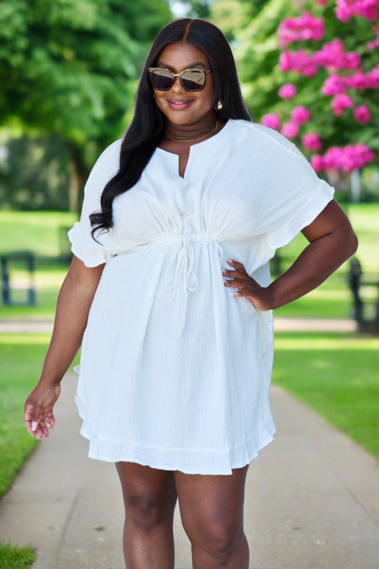 Full Size Ruffle Hem Dress with Drawstring Waistband in White