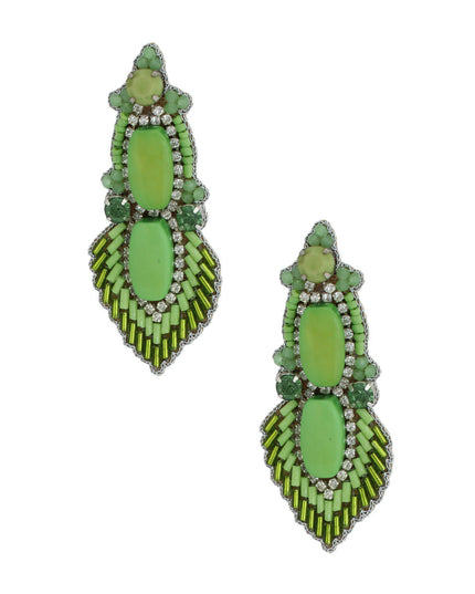 Green Bead and Stone Embroidered Earrings