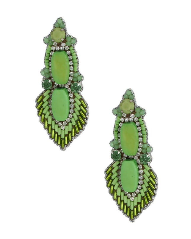 Green Bead and Stone Embroidered Earrings