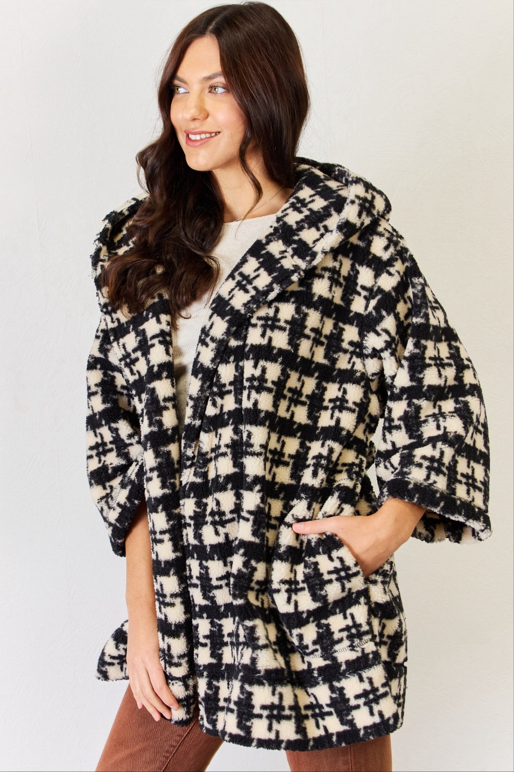 Plaid Waist Tie Hooded Robe Cardigan