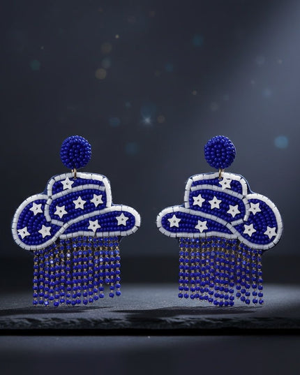 Fringe Blue White Bead Bling Cowboy Hat Earrings