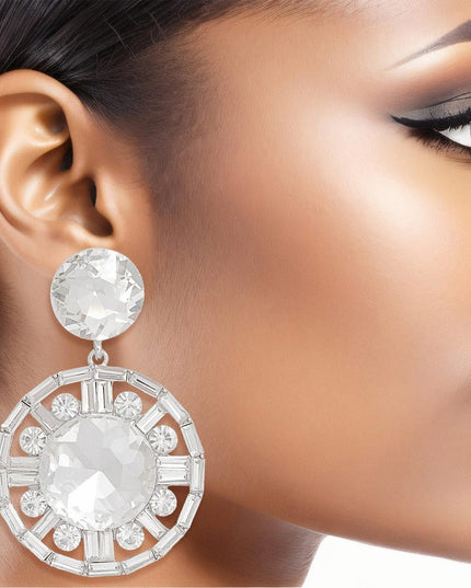 Clip On Large Silver Crystal Round Drop Earrings