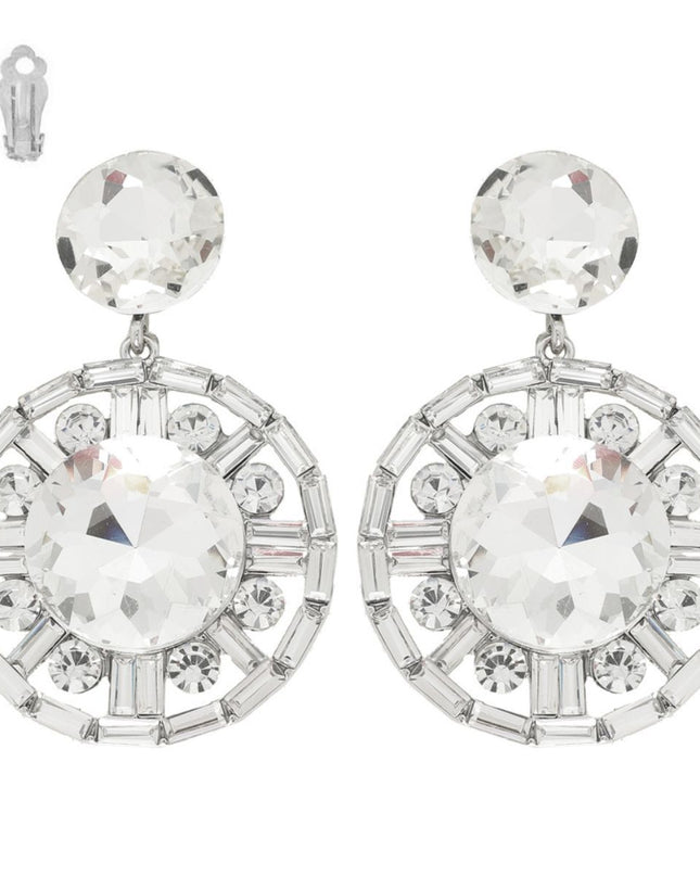 Clip On Large Silver Crystal Round Drop Earrings