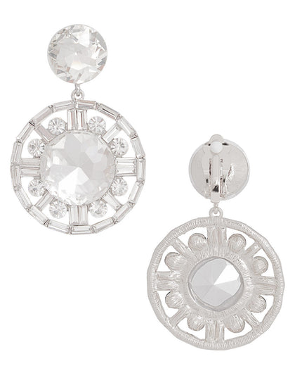 Clip On Large Silver Crystal Round Drop Earrings