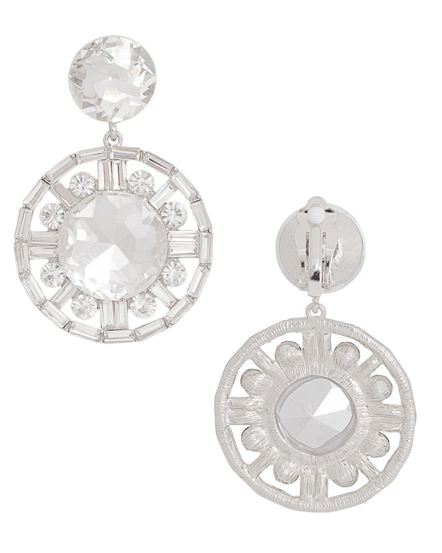 Clip On Large Silver Crystal Round Drop Earrings