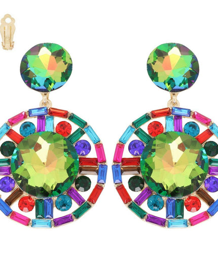 Clip On Large Multi Crystal Round Drop Earrings