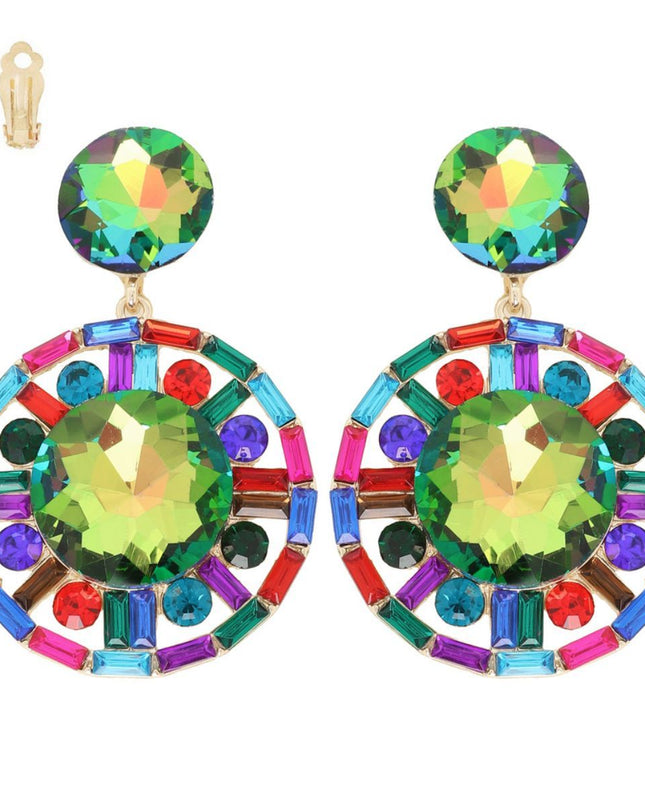 Clip On Large Multi Crystal Round Drop Earrings