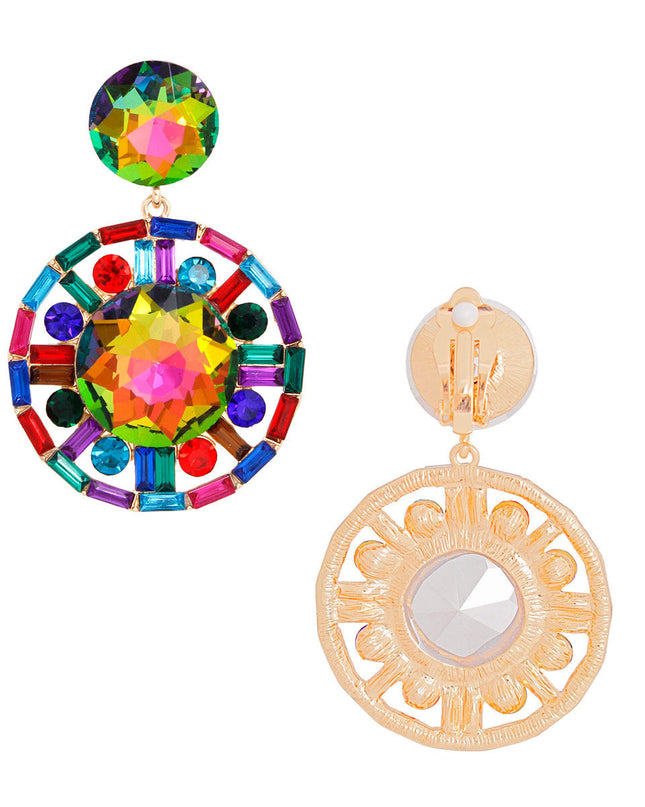 Clip On Large Multi Crystal Round Drop Earrings
