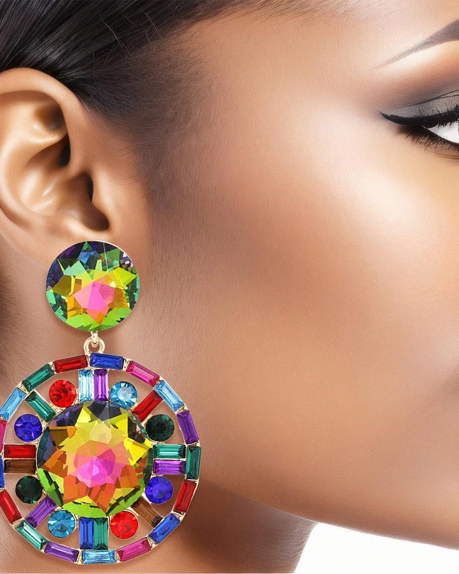 Clip On Large Multi Crystal Round Drop Earrings