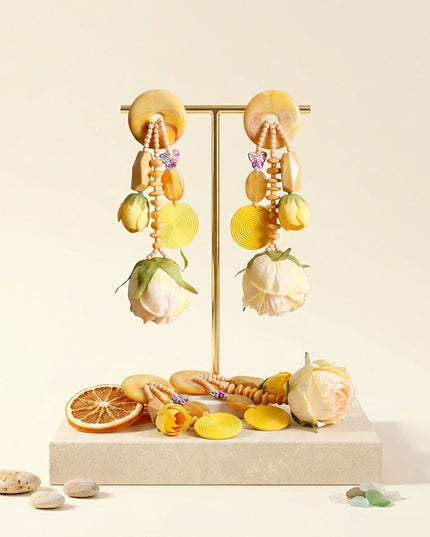 Yellow Oversized Flower Butterfly Drop Earrings