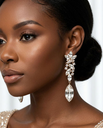 Gold Marquise Glass Crystal Drop Clip On Earrings