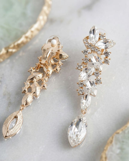 Gold Marquise Glass Crystal Drop Clip On Earrings