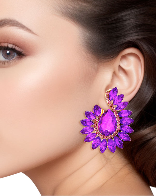 Clip On Purple Hook Crystal Earrings for Women