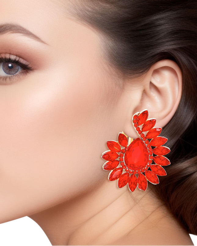 Clip On Red Hook Crystal Earrings for Women