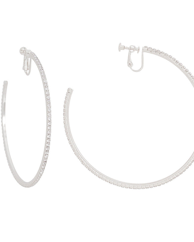 Clip On Medium Silver Pave C Hoops for Women