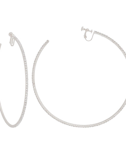 Clip On Large Silver Pave C Hoops for Women