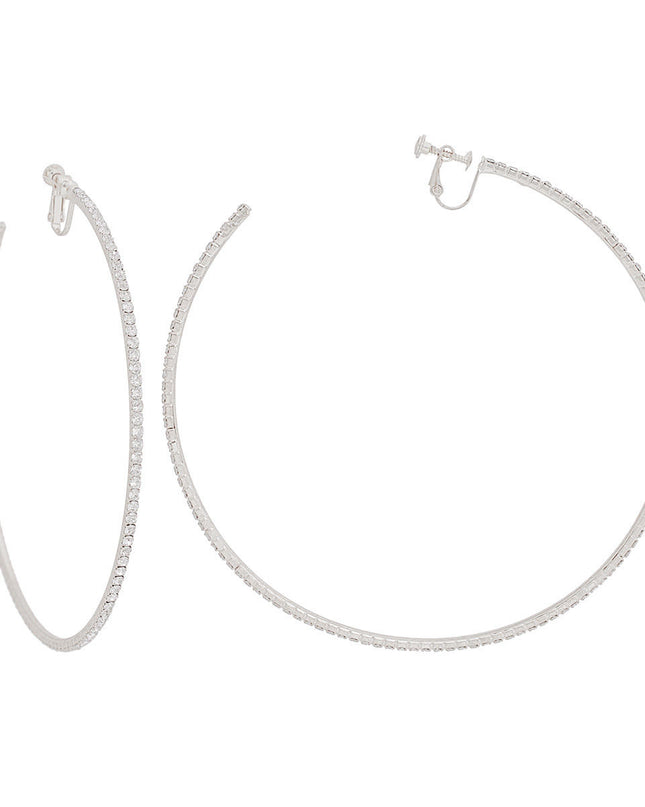 Clip On Large Silver Pave C Hoops for Women