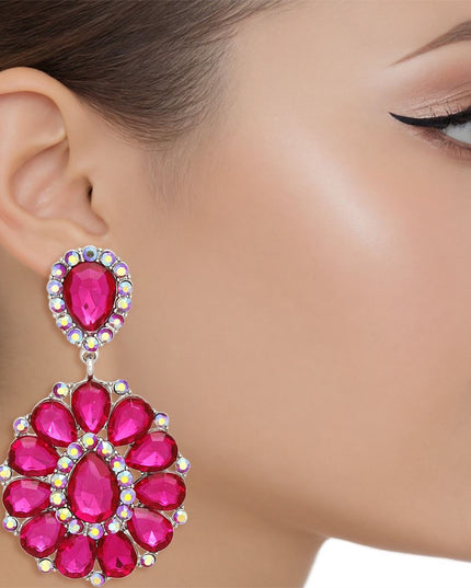 Clip On Brilliant Fuchsia Teardrop Crystal Earrings