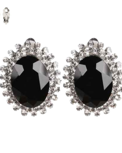 Clip On Medium Black Oval Halo Earrings for Women