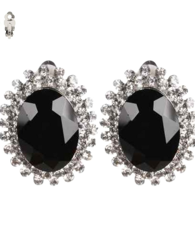 Clip On Medium Black Oval Halo Earrings for Women