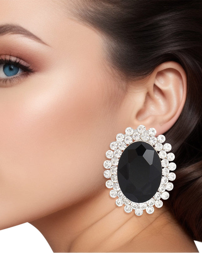 Clip On Medium Black Oval Halo Earrings for Women
