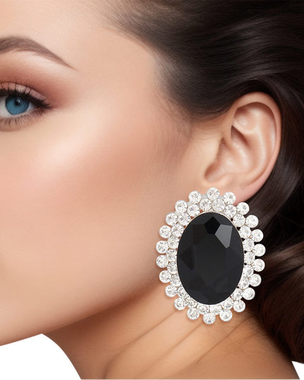 Clip On Medium Black Oval Halo Earrings for Women
