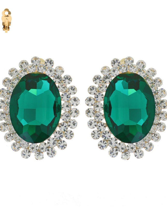 Clip On Medium Green Oval Halo Earrings for Women