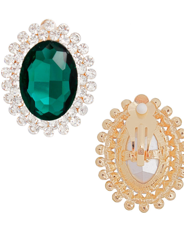 Clip On Medium Green Oval Halo Earrings for Women