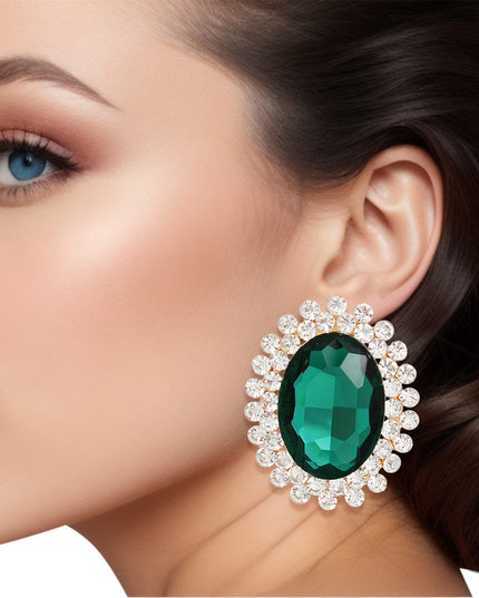 Clip On Medium Green Oval Halo Earrings for Women
