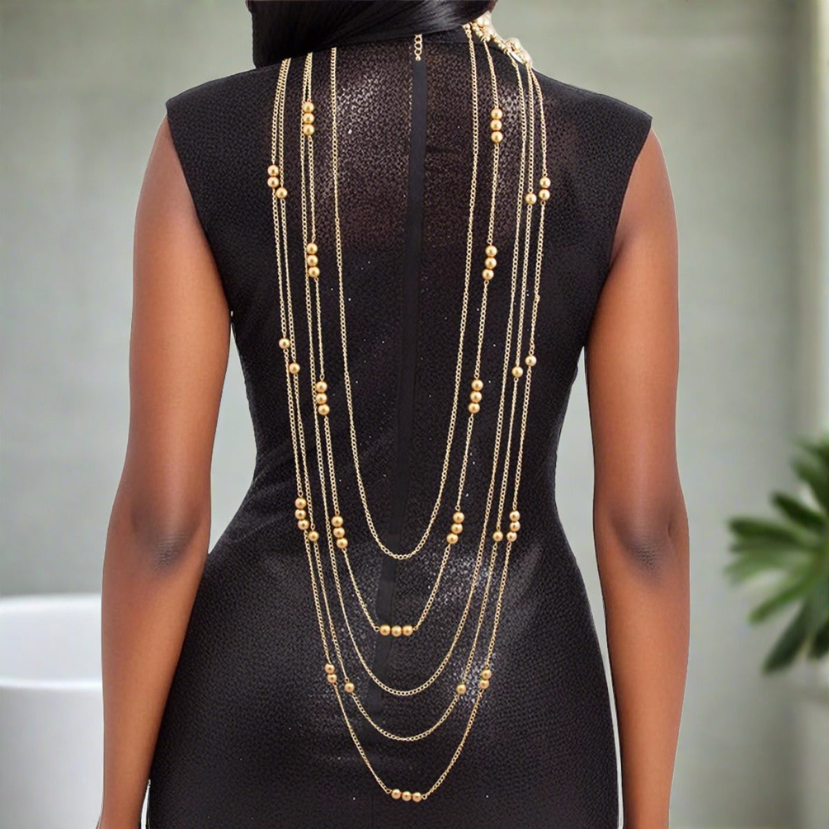 Gold Pearl and Back Drape Necklace Set