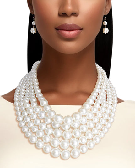 Cream Pearl Multi Strand Necklace Set