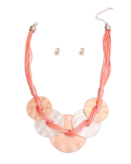 Pink Cord Metal Disc Necklace