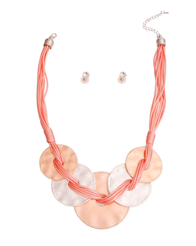 Pink Cord Metal Disc Necklace