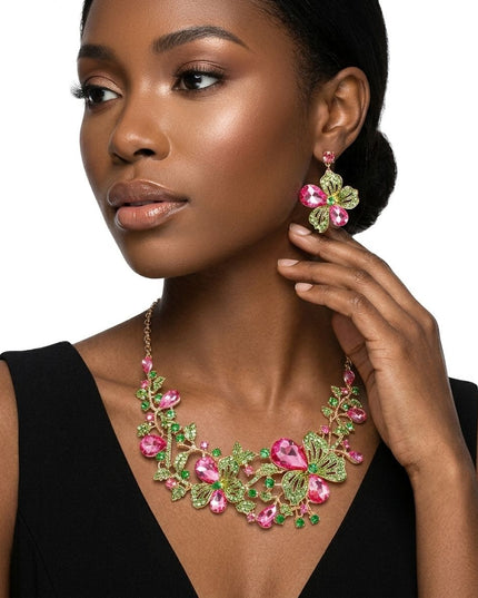 AKA Pink Green Glass Crystal Leaf Collar Necklace