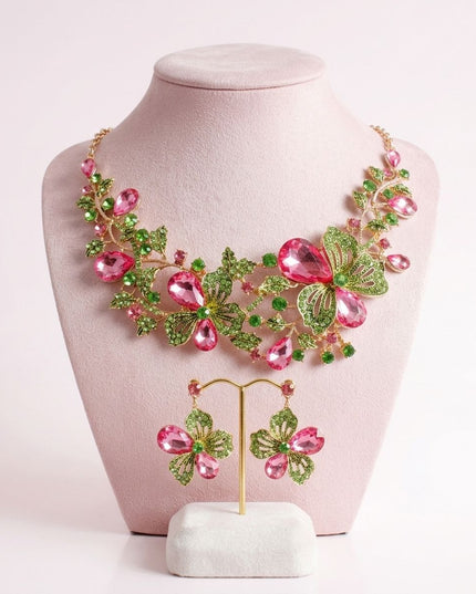 AKA Pink Green Glass Crystal Leaf Collar Necklace
