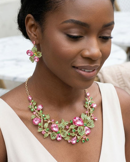 AKA Pink Green Glass Crystal Leaf Collar Necklace