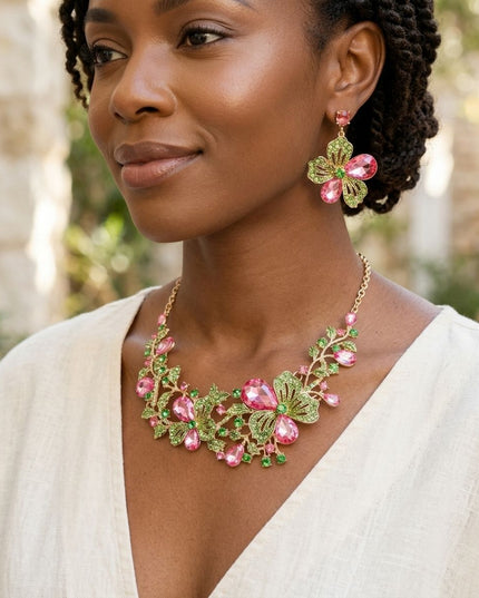 AKA Pink Green Glass Crystal Leaf Collar Necklace