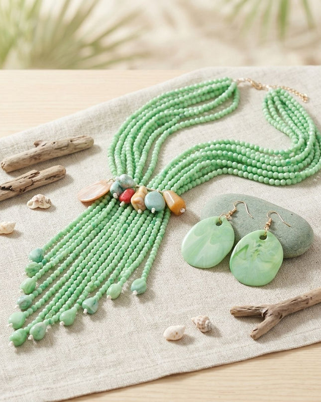 Marbled Green and Stone Bead Tassel Y Necklace