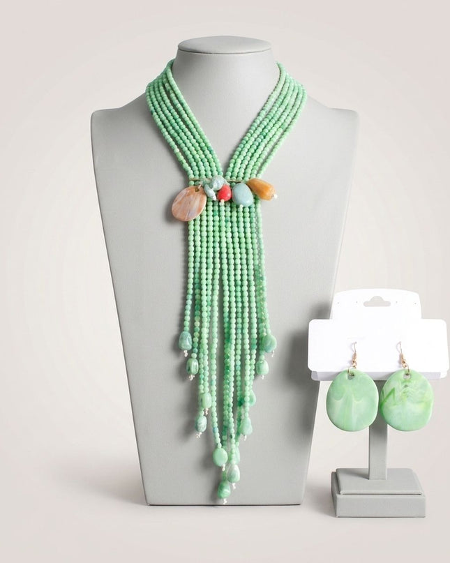 Marbled Green and Stone Bead Tassel Y Necklace
