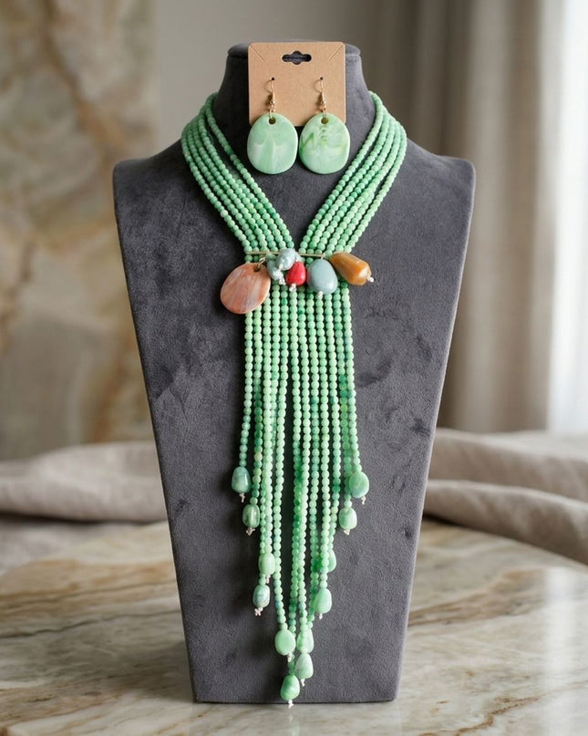 Marbled Green and Stone Bead Tassel Y Necklace