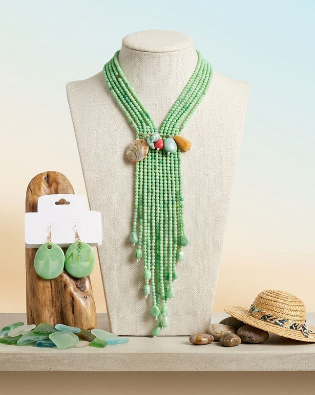Marbled Green and Stone Bead Tassel Y Necklace