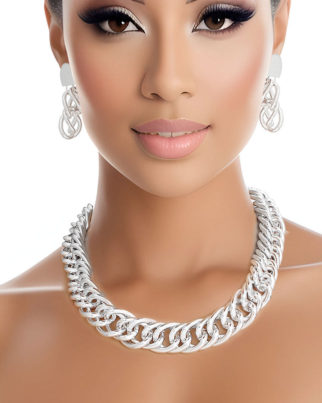 Chain Necklace Silver Double Curb Link Set Women