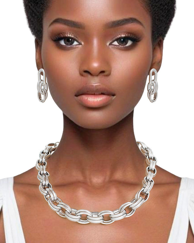 Chain Necklace Silver Double Oval Link Set Women