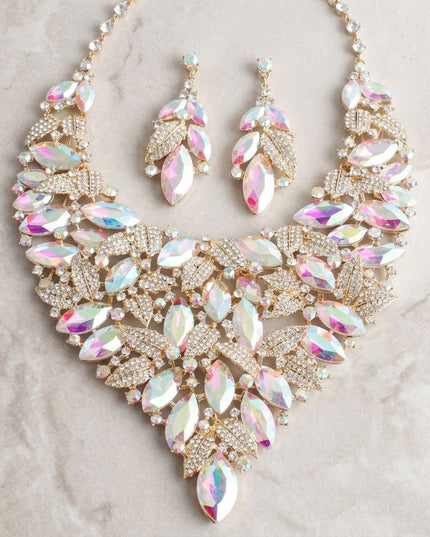 Gold Aurbo Glass Marquis Crystal Leaf Bib Necklace