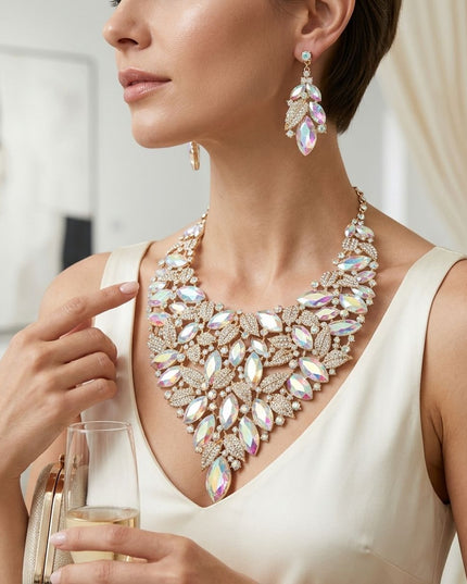 Gold Aurbo Glass Marquis Crystal Leaf Bib Necklace