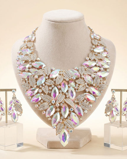 Gold Aurbo Glass Marquis Crystal Leaf Bib Necklace