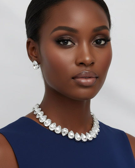 Silver Teardrop Crystals Gemstone Collar Necklace