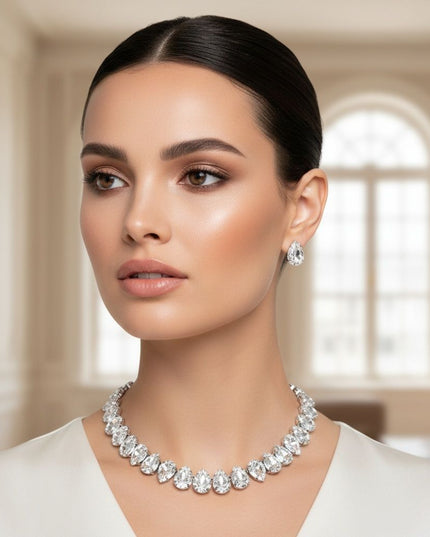 Silver Teardrop Crystals Gemstone Collar Necklace